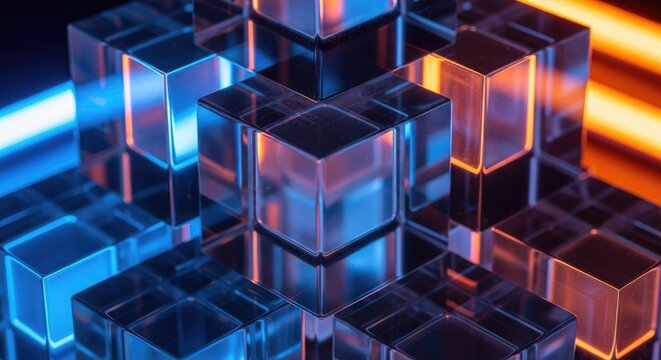 Abstract composition of transparent geometric cubes with vibrant color gradients