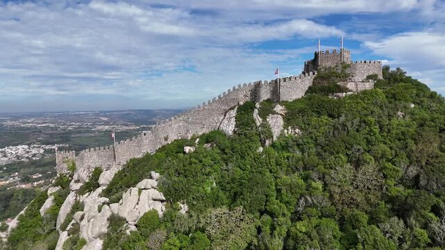 Aerial Fly Toward Fortress Wall then Rising Above Moorish Castle, Sintra