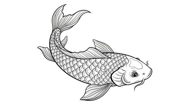 Elegant koi fish illustration in black and white against a clean background