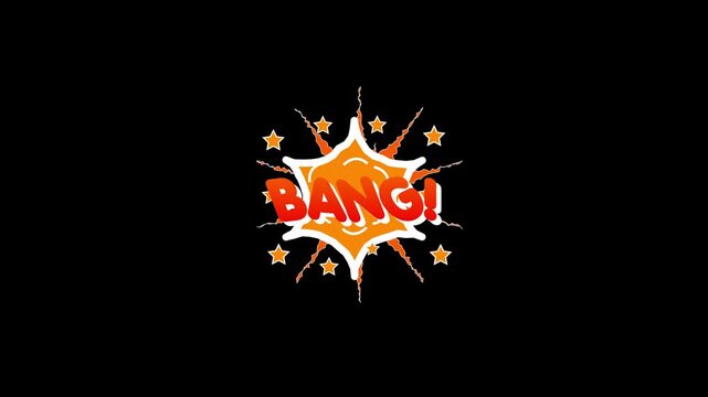 Bold Bang Comic Text Explosion with Fiery Debris and Dynamic Radial Rays, Pop Art Halftone Dotted, Vintage Superhero Action Layout 4K Loop Animation, Motion graphic on Black screen background