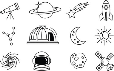 A collection of black and white line art icons depicting various elements of space exploration and astronomy. © Simu Store