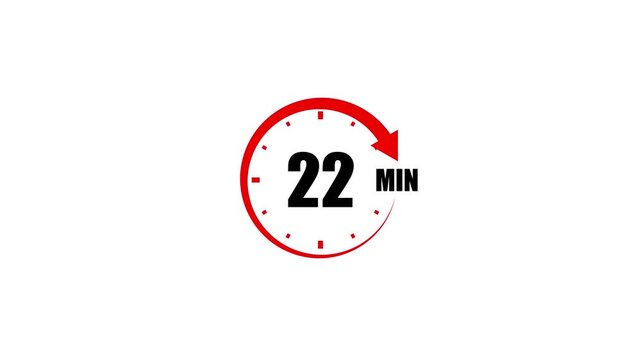 Red circular timer icon with black text showing 22 minutes and a red arrow on a white background clock