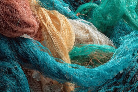 Colorful fishing nets are collected and arranged for fishing activities in a coastal area during the daytime
