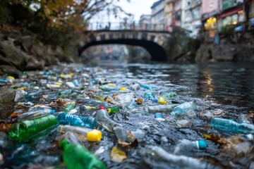 Fototapeta premium Plastic bottles and trash float in water under a bridge in a city during a cloudy day in autumn