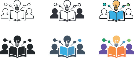 Collaborative learning icon depicting stylized open books, light bulbs, people silhouettes, and connected nodes representing