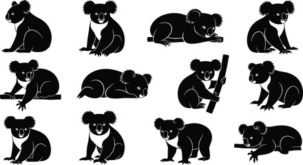 Koala bear silhouettes collection, cute Australian wildlife animal illustration set, eucalyptus tree habitat isolated on white background © Jisan World