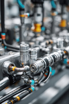 Industrial Close Up of Precision Hydraulic Connections, Pneumatic Valves in Modern Automated Manufacturing Factory, High Tech Engineering Machinery Components for Advanced Robotic Production Systems