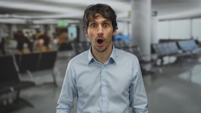 Man in light blue shirt covers mouth with hand while standing amid rows of terminal seating at busy airport departure gate; surprise.