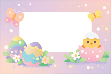 Pastel Easter Card Template with Cute Chick, Decorated Eggs and Copy Space