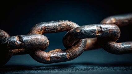 Fototapeta premium Closeup of a rusty metal chain on a dark background with selective focus