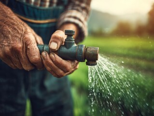 Farmer watering crops during irrigation with hands