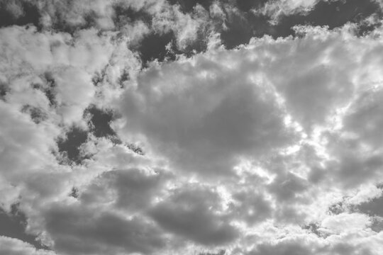 Black and white image cumulus dark and light fluffy cotton-like clouds.