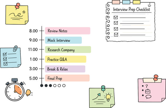 Daily schedule timeline with time blocks, timer and notebook page scraps, sticky notes and progress dots for Interview prep