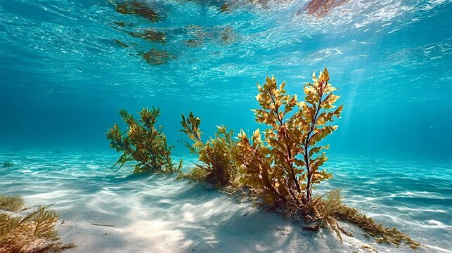 Golden kelp growing on ocean sandy seabed