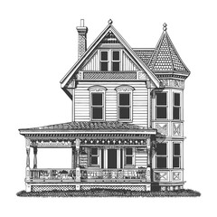 An elaborate black and white illustration depicting a beautiful Victorian house
