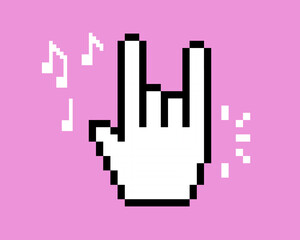 Naklejka premium Y2k pixel art hand with rock gesture. Rocker. Abstract game elements. Music notes. Cool retro editable pixel vector illustration for music festival, party, concert. Punk, bold, groovy. Pink background