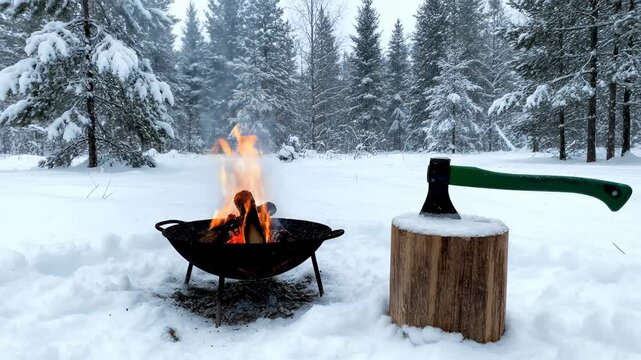 Cozy cinematic video bright fire burning in a metal fire pit surrounded by deep snow in a coniferous forest, with a professional axe in a wooden stump nearby, winter camping and bushcraft concept.