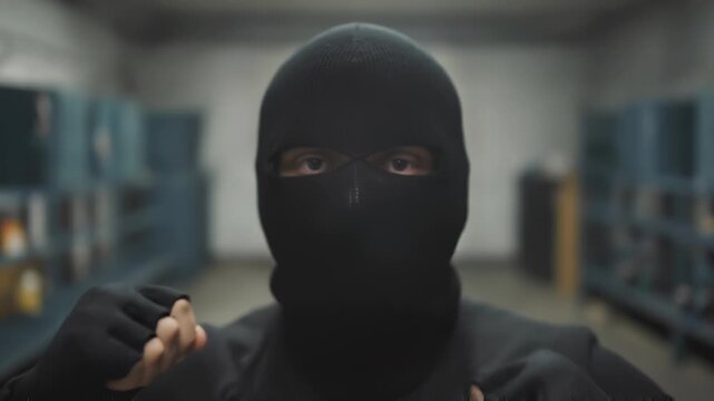 Person in Ski Mask Adjusts Headwear Indoors