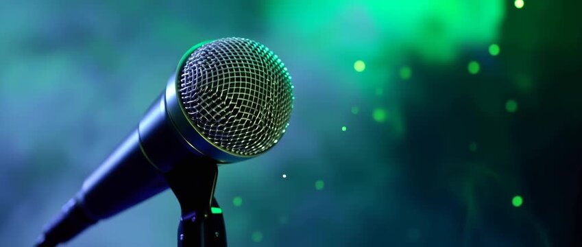 : Professional stage microphone on stand with neon green and purple smoke on dark background, music, concert and sound recording concept