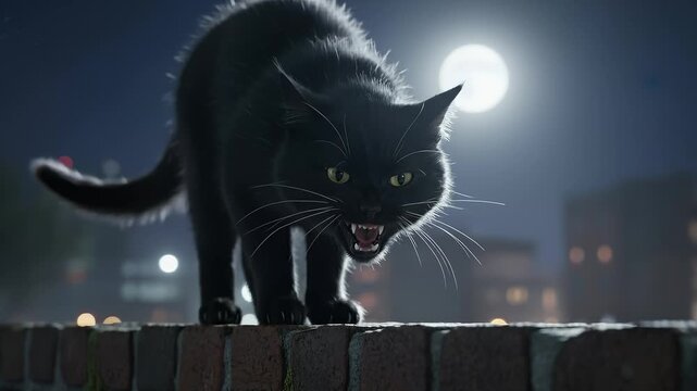 Feral Black Cat Hisses on Brick Wall at Night