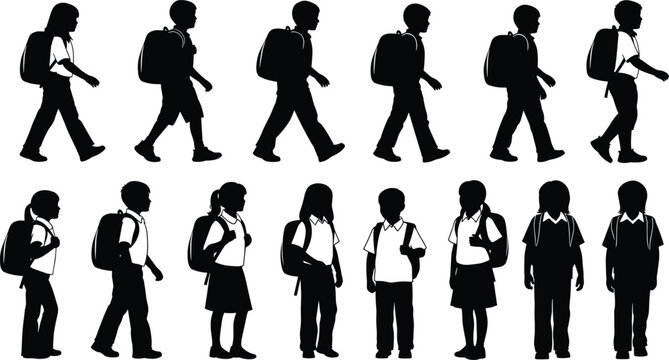 Back to school children silhouettes walking with backpacks, elementary students going to class, group of diverse kids isolated on white