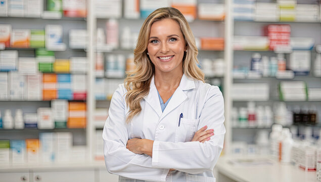 Portrait of a Confident Female Pharmacist Smiling in Modern Pharmacy, Professional Doctor or Druggist in White Coat Standing in Front of Shelves with Medicine