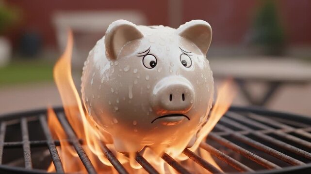 Sad Piggy Bank Melts on Hot Grill Fire
