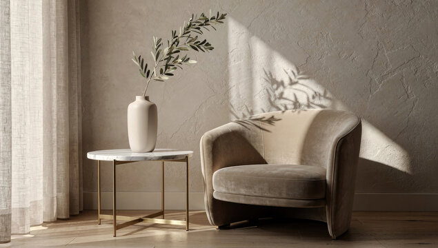 Modern Minimalist Living Room Interior with Velvet Armchair, Marble Side Table and Olive Branch in Vase Under Warm Sunlight and Shadows on Textured Wall