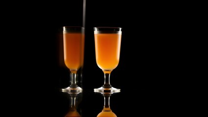 Two elegant wine glasses filled with golden liquid against a dark background