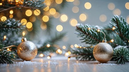 Festive Christmas Background with Golden Baubles, Snowy Fir Branches, and Warm Bokeh Lights on Wooden Surface