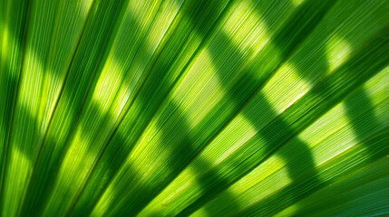 Obraz premium Macro view of a green palm leaf with sunlight and shadow pattern