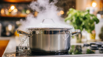 A pot of boiling water overflowing on a kitchen stove