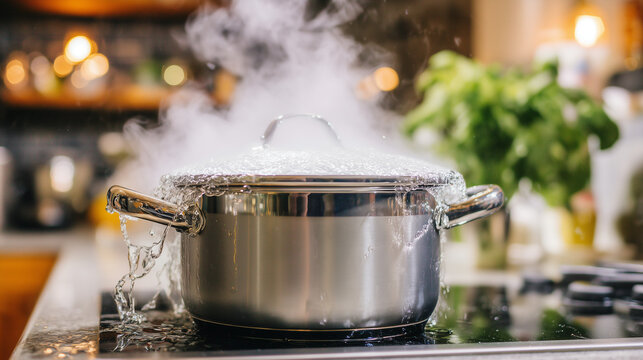 A pot of boiling water overflowing on a kitchen stove