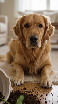 Golden Retriever Dog Looks Guilty After Making a Mess