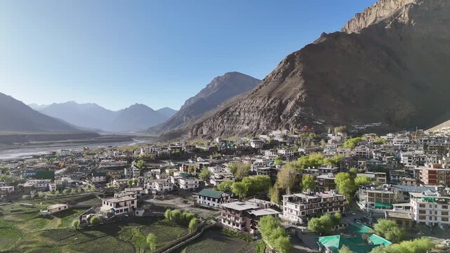 Scenic Aerial of Kaza Village and Snow Capped Mountains, Spiti Valley