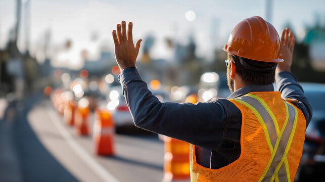 Faceless construction worker directing traffic near active work zone during bright sunny day ensuring safety on busy road traffic control duties roadwork safety vehicle
