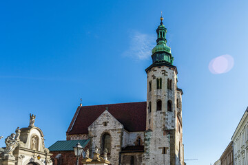 Obraz premium Romanesque St. Andrews Church with baroque towers and sculptures of the Church of Saints Peter and Paul in Krakow, Poland.
