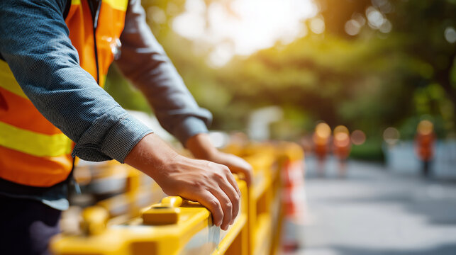 Faceless construction worker securing safety barrier tape on bright sunny day work zone establishment safety perimeter creation construction site boundaries hazard warning sit