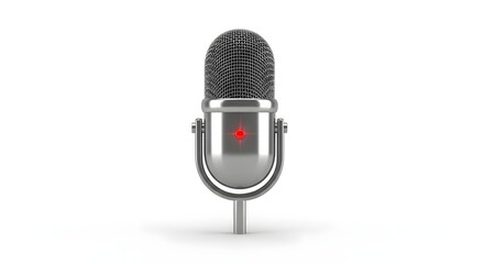 Fototapeta premium Classic silver studio microphone with a glowing red recording indicator light stands ready for broadcast, podcast, or vocal performance capture.