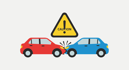 Car accident illustration red and blue vehicles colliding with caution sign