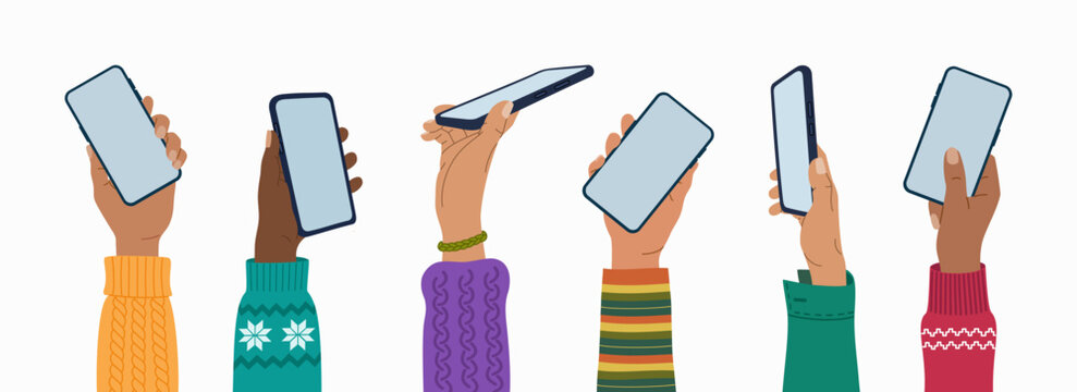 Diverse raised up hands holding mobile phones with empty blank screen. People using smartphone. Hand drawn vector illustration isolated on white background, flat cartoon style.