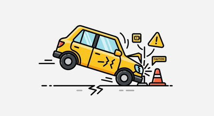 Cartoon illustration of a yellow car in an accident with road safety signs