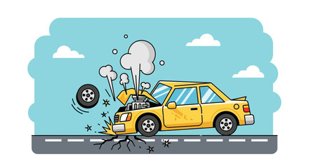 Cartoon illustration of a yellow car crash on a road with smoke