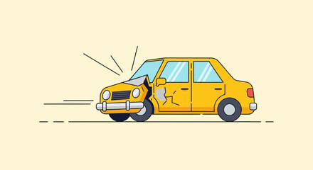 Cartoon illustration of a damaged yellow car after a collision incident
