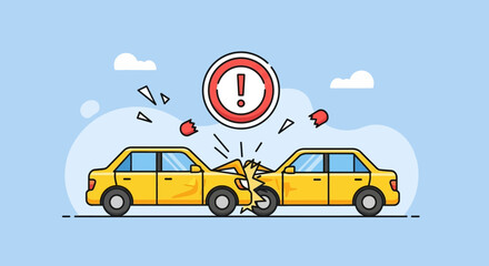 Cartoon illustration of two yellow cars involved in a collision accident