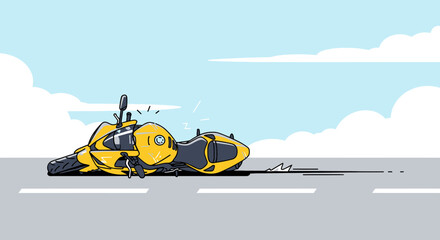Cartoon illustration of a yellow motorcycle lying on a road after an accident