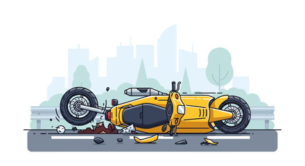 Cartoon illustration of a yellow motorcycle accident on a city road