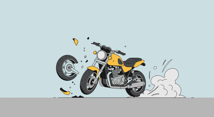 Cartoon motorcycle accident yellow vehicle with broken wheel and debris