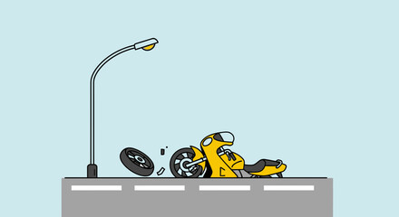 Cartoon motorcycle accident illustration on road with streetlight and copy space