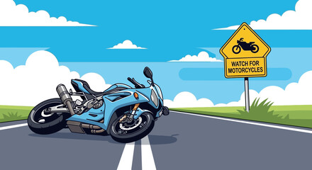Cartoon motorcycle on road with sign against blue sky road safety theme